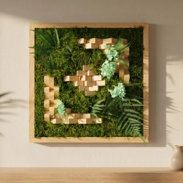 Tablou cu Mușchi, Trandafiri și Capete de Lotus 47x47cm — Ramă Lemn Natur