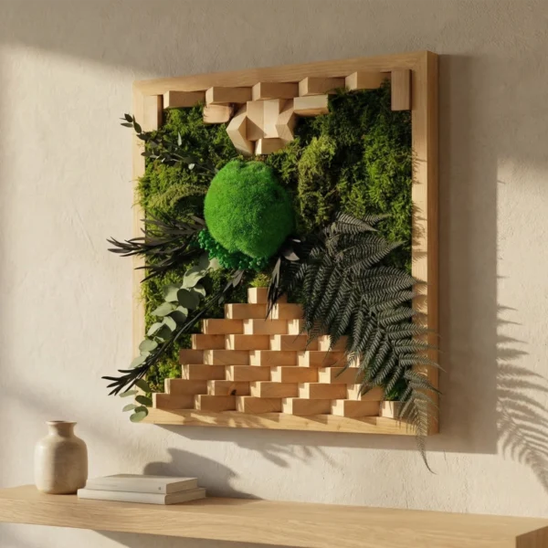 Detaliu tablou cu lemn si plante stabilizate - mozaic lemn natural cu muschi si licheni, vedere frontala
