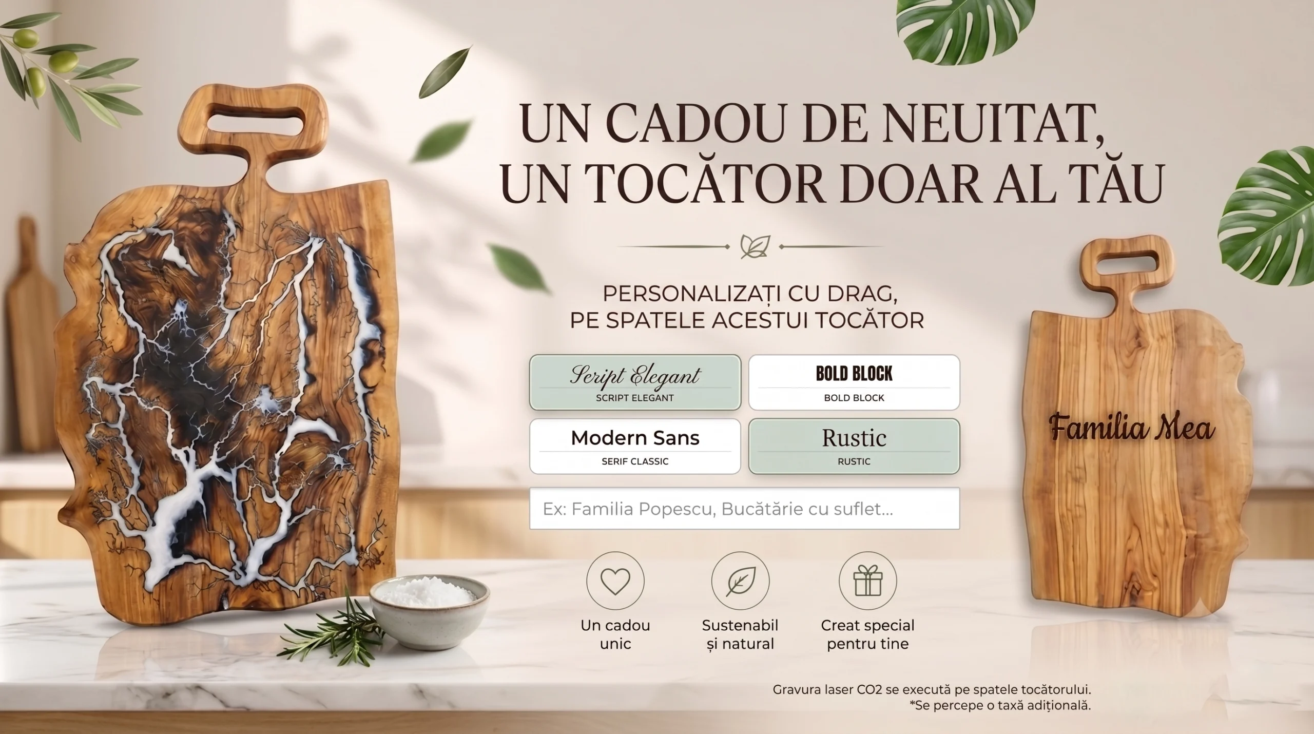 Tocator lemn personalizat gravura laser mesaj — WireTree